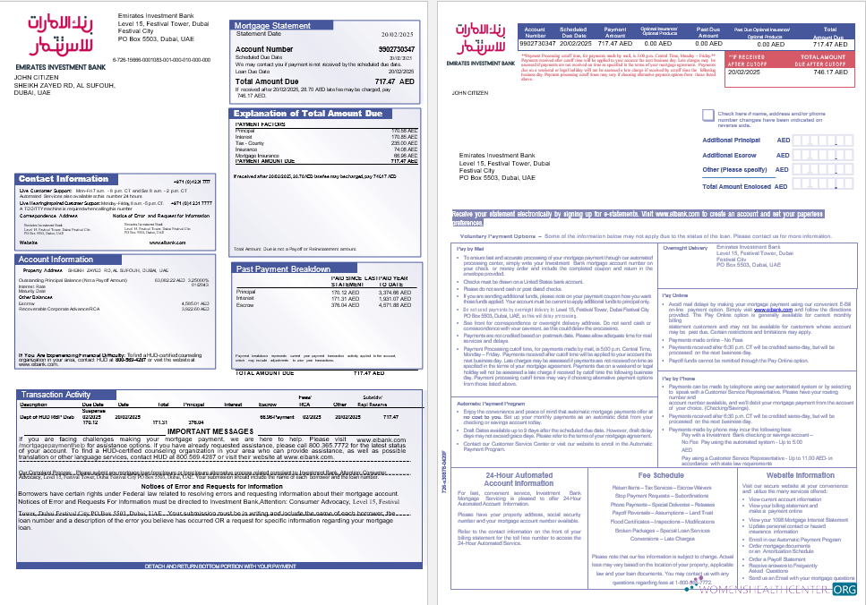 United Arab Emirates Investment Bank mortgage statement in Word and PDF formats, 3 pages 1 2